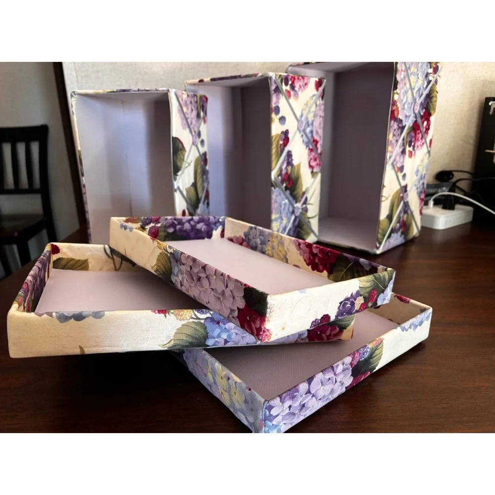 Floral Hydrangea Fabric Nesting Storage Boxes with Lids Set of 3 Purple Cream